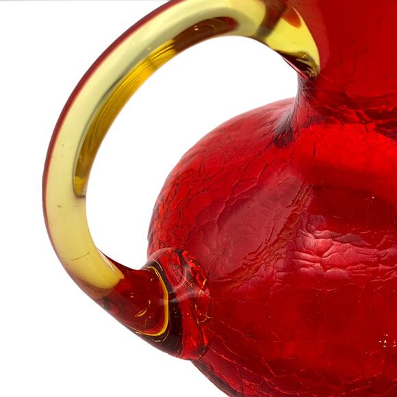 Vintage Rainbow Glass PITCHER Handblown Red Crackle Glass Yellow Handle VGC - Picture 8 of 12